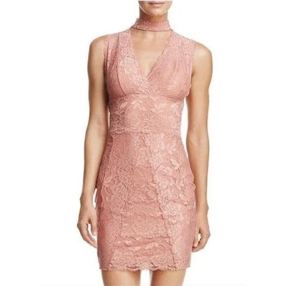 Guess rose pink lace lace dress Sz M Floral lace high mock neckline and V-neck